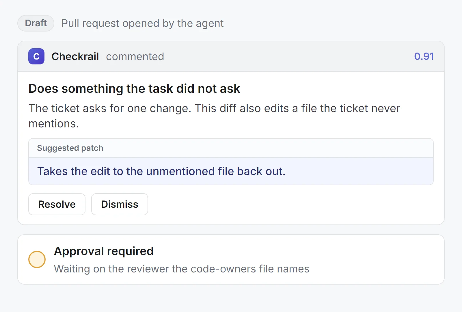 The pull request on the code host: a Checkrail comment with its category, score and suggested patch, Resolve and Dismiss, and approval left to the code owner.